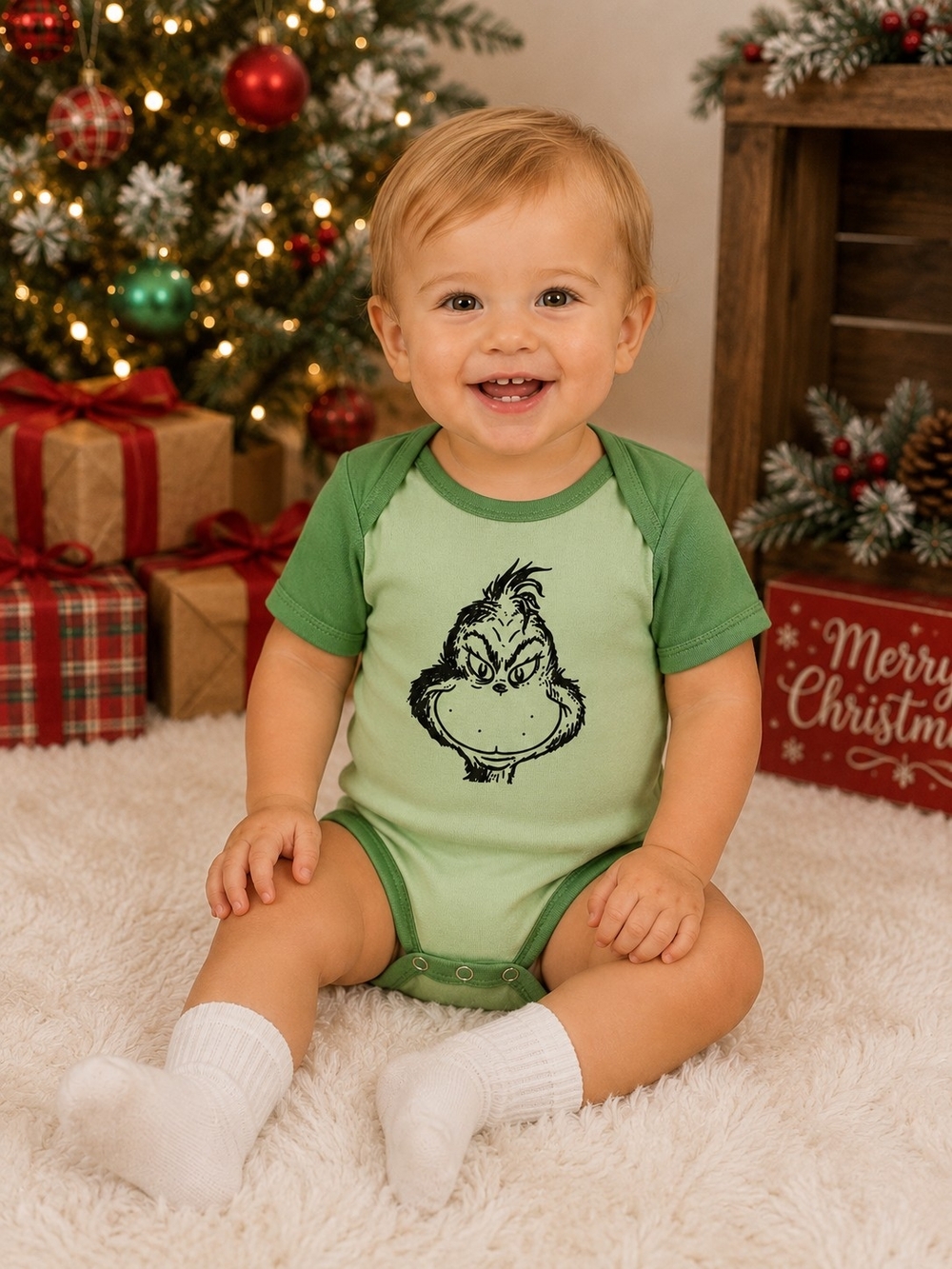 HG Creations Baby Grinch Face Green Christmas Bodysuit 12m & 24m